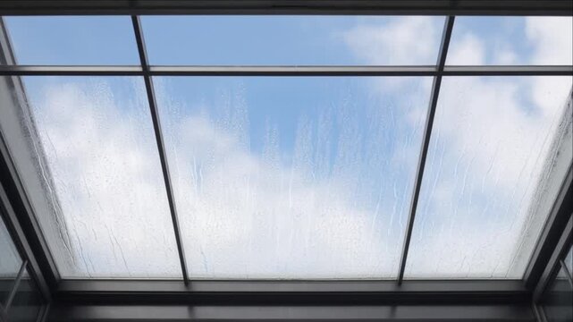 Cinematic Minimal Timelapse Background Glass Ceiling Blue Sky Cloud Movement Modern Architecture Skylight Window Dark Structural Framing Tranquil Architectural Design Visualҟны