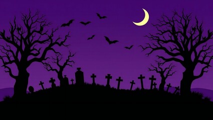 Fototapeta premium Spooky halloween graveyard with bats flying in the night sky under a crescent moon