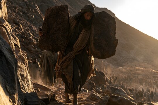 Ancient prophet moses descending from the mountain with stone tablets