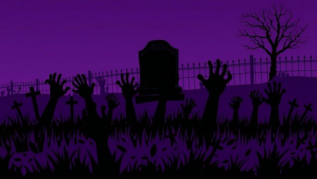 Spooky zombie hands rising from the ground in a graveyard at night with purple sky
