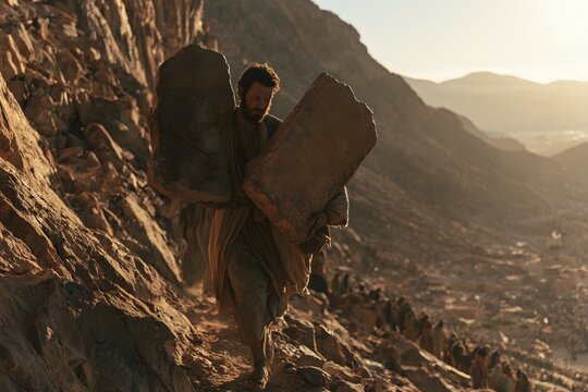 Biblical figure moses carrying stone tablets down a rugged mountain path at sunrise