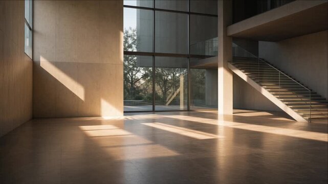Modern Architectural Lobby Interior Cinematic Minimal Timelapse Background with Warm Sunlight, Glass Wall, Staircase, Concrete Column, Wooden Floor, and Geometric Shadows