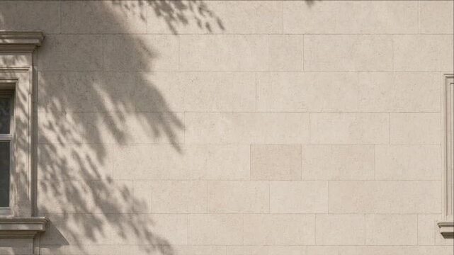 Minimal Cinematic Timelapse Background Featuring Beige Architectural Stone Wall Texture, Soft Palm Shadow, Warm Sunlight, Classic Window Detail, Historic Facade, Calm Atmosphere, Spacious Copy Area