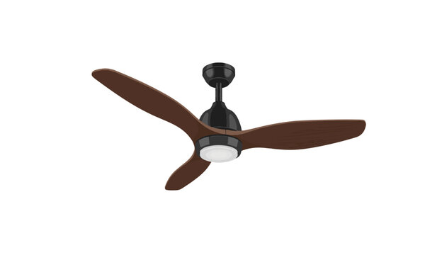 Modern ceiling fan with dark wood blades and light isolated on white background