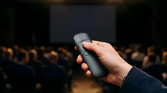 Person holding remote clicker during professional presentation in hall