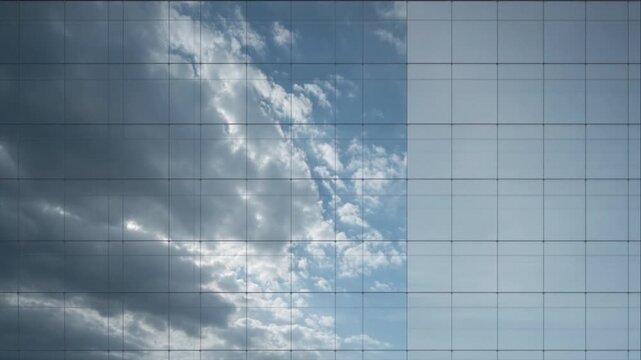 Cinematic Minimal Timelapse Background of Dramatic Cloud Movement, Blue Sky Reflection, Geometric Glass Building Facade, Soft Sunlight, Modern Architectural Texture and Calm Composition