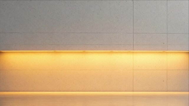 Minimal cinematic timelapse background with warm golden architectural lighting across textured gray wall, reflective floor, clean interior, calm modern abstract atmosphere, and soft linear light