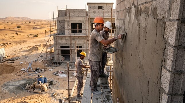 Construction workers applying wet plaster to a concrete wall at a desert site