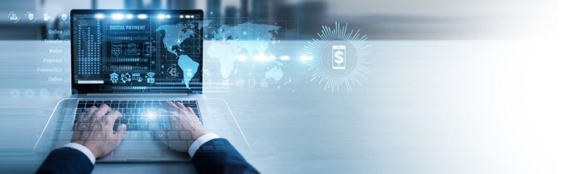 FinTech developer working on laptop Digital Payment gateways to ensure secure transactions and user privacy. Advanced encryption methods protect financial data across various online platforms.