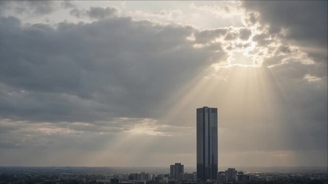 Cinematic minimal timelapse background featuring solitary high rise tower beneath dramatic storm cloud and radiant sunbeam over distant urban skyline, city atmosphere with atmospheric depth