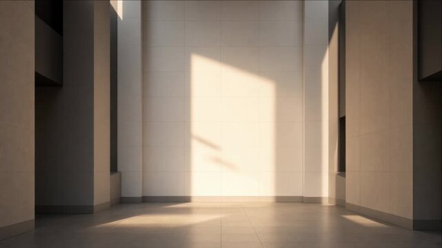 Cinematic minimal timelapse background of sunlight crossing quiet modern interior with warm stone walls, polished floor, tiled hallway, geometric shadows, and architectural depth