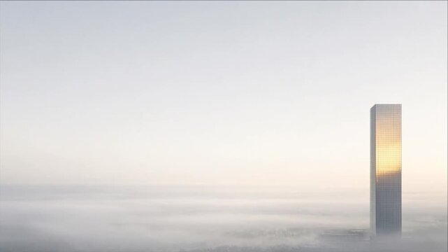 Cinematic minimal timelapse showing solitary modern glass tower rising above soft cloud layer dawn, atmospheric light surrounding skyscraper building emerging through mist, calm cinematic background