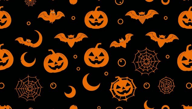 Seamless halloween pattern with pixel art pumpkins bats cobwebs and crescent moons on black background