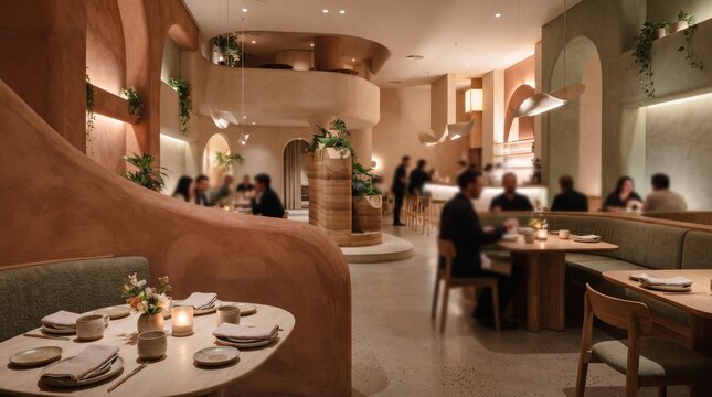 Modern vegetarian restaurant interior with diners enjoying meals for World Vegetarian Day