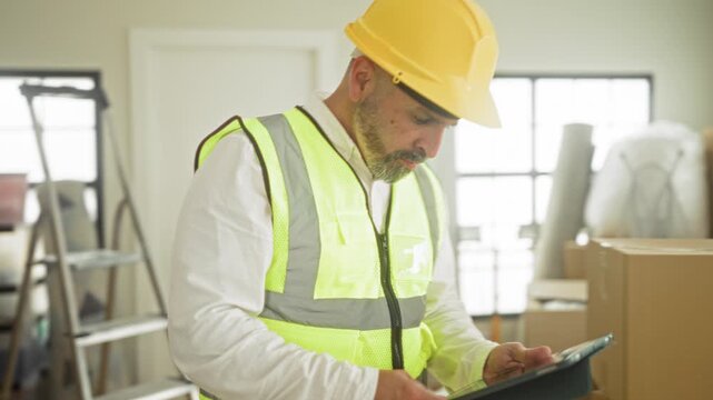 Man in yellow hardhat and high visibility vest checking tablet inside building renovation site among stacked moving boxes and wrapped furniture; planning precision determination.