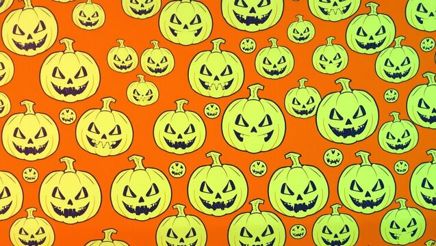Seamless pattern with scary green jack o lantern pumpkins on a bright orange background for halloween design