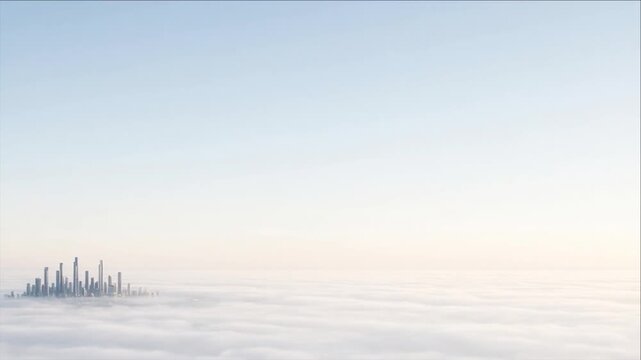 Cinematic Minimal City Skyline Timelapse Background Above Sea of Clouds, Modern Skyscraper Architecture on Distant Horizon Under Pale Blue Morning Light, Calm Atmospheric Copy Space