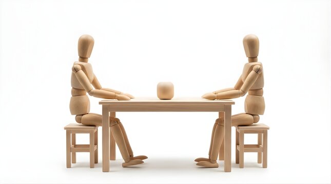 Two wooden mannequins sitting at a table in a meeting concept
