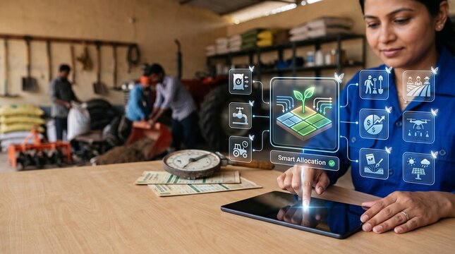Agricultural Operations Coordinator Using Tablet with AI Holographic Icon for Smart Resource Allocation and Yield Based Planning in Equipment Shed