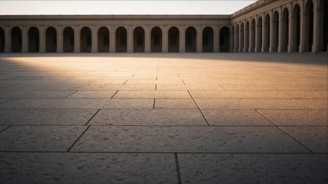 Cinematic Minimal Timelapse Background, Empty Stone Courtyard, Repeating Arches, Warm Evening Light, Long Shadows, Geometric Paving, Calm Architectural Symmetry, Peaceful Plaza Scene