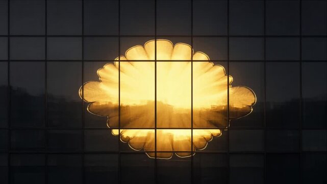 Cinematic Golden Sunset Glowing Through Dark Window Grid Framing Radiant Skyline Silhouette, Minimal Timelapse Background, Atmospheric Urban Evening Scene with Dramatic Luminous Contrast