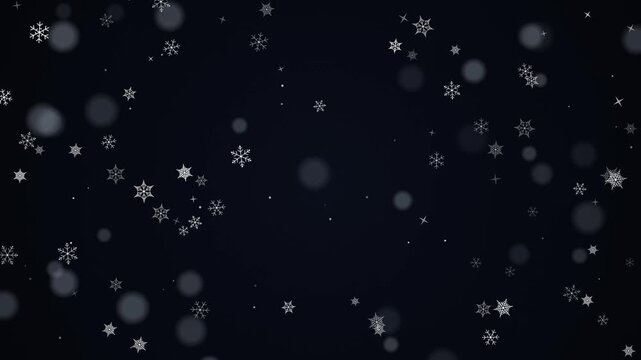 Falling white snowflakes drifting on dark background