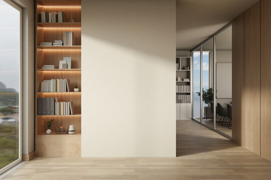 Modern Office Interior with Blank Wall Mockup Wooden Bookshelf and Glass Partition