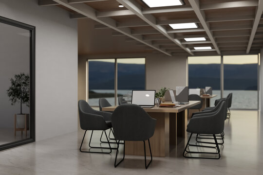 Modern Boardroom Interior with Wooden Conference Table Laptop and Scenic Water View