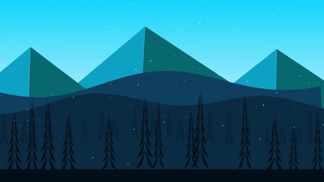 Winter mountain landscape with falling snow animation