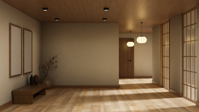 Japandi Hallway Interior with Blank Frames Mockup Wooden Bench and Lantern Lamps