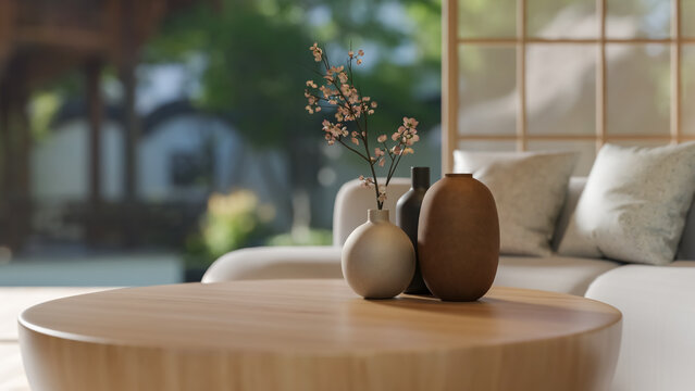 Wooden Coffee Table Top Mockup with Ceramic Vases and Japanese Interior Blur