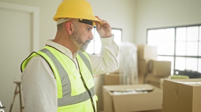 Man adjusts yellow hardhat with hand while holding a package among renovation boxes in building, inspecting site and assessing progress; focus planning.
