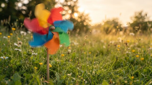 Colorful paper pinwheel spinning in a sunlit flower-filled field  