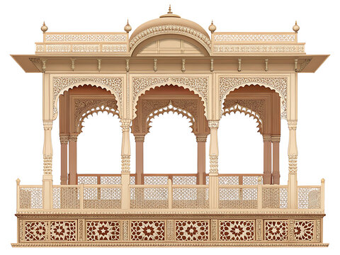 Rajasthani palace balcony  ornate jharokha windows  carved sandstone frame  delicate decorative patterns  premium minimal vector style