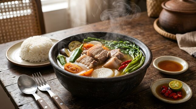 Traditional Filipino Sinigang na Baboy, a comforting sour pork soup served with steamed white rice, fresh vegetables, chili peppers, and dipping sauce on a rustic wooden table.