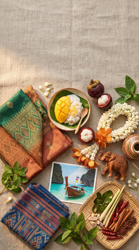 Vertical Thai travel banner with silk fabric and sticky rice