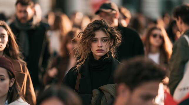 Young Woman Standing Thoughtfully in a Crowded Urban Crowd