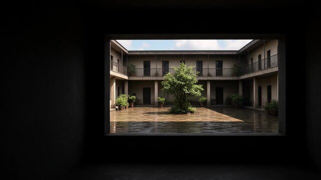 Courtyard Architecture Shadow Cinematic Minimal Timelapse Background Building Garden Rainwater Reflection Through Dark Window, Moody Mediterranean Flooded Courtyard Atmosphere for Quiet Architectural