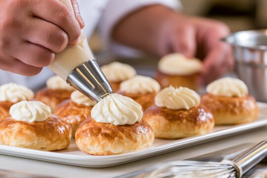 Hand decorating a white cream cake with pastry bag