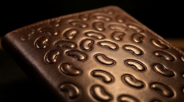 A close-up of premium brown leather featuring a unique kidney bean engraving pattern with a textured artistic relief design and soft dramatic lighting