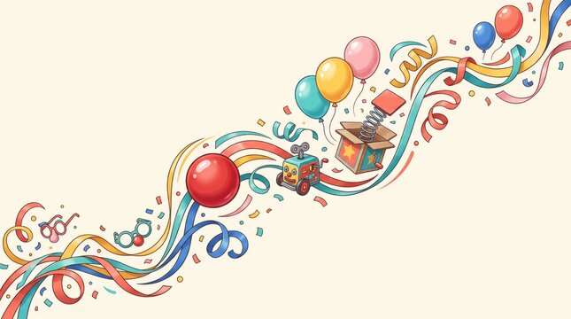 Festive april fools day featuring a jack-in-the-box, colorful balloons, winding ribbons, confetti, and clown glasses arranged in a diagonal composition on a cream background