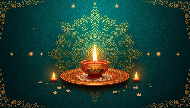 A beautiful glowing diya lamp surrounded by marigold flowers and intricate golden mandala patterns on a dark teal festive background