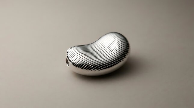A shiny silver kidney bean engraving featuring elegant wave patterns on a clean studio background, captured in a detailed close-up product photograph.