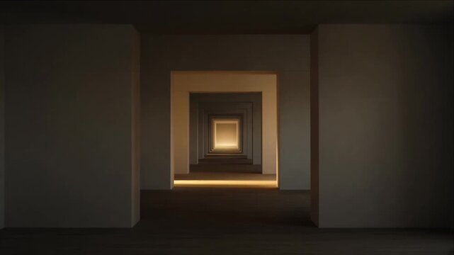 Cinematic Minimal Timelapse Corridor Background with Glowing Nested Door Frames, Dark Architecture Interior, Warm Geometric Perspective, Symmetry, Depth, Mystery and Quiet Atmosphere