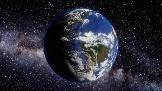Visible details include continental surfaces, the Pacific Ocean, atmospheric clouds, and city lights glowing on the night side of the planet.
