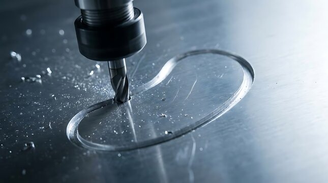 Close-up of a high-precision CNC machine tool performing a kidney bean engraving pattern on a flat metal sheet during an industrial manufacturing process