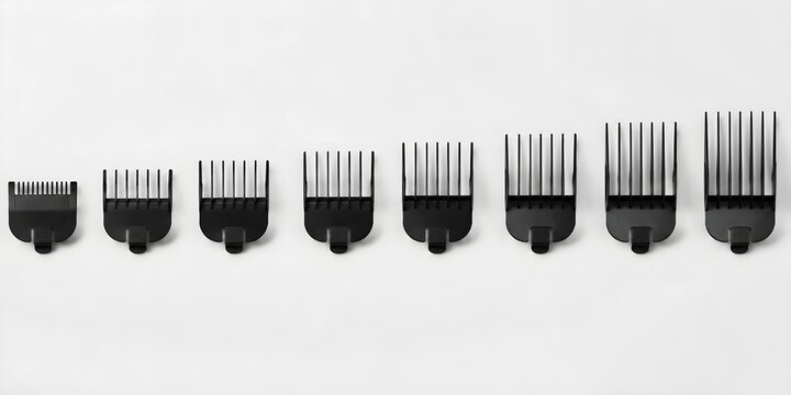 Hair Clipper Guards Arranged by Size With Precise Spacing for Professional Barber Equipment Display Scene