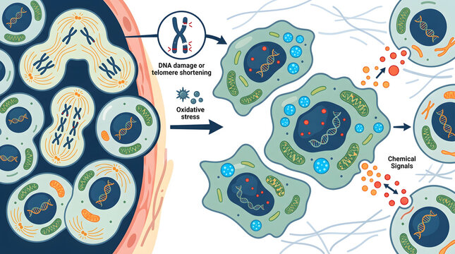 Senescence represents the biological state of cellular aging and the release of signaling factors due to oxidative stress.
