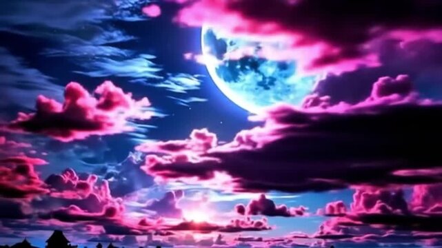 A truly fantastic and aesthetic night sky animation, featuring a giant blue moon shining brightly amidst billowing clouds of pink and rose-purple.
