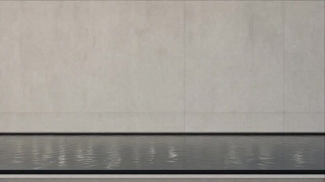 Cinematic Minimal Timelapse Water Reflection Beside Concrete Wall, Quiet Monochrome Background Featuring Modern Architecture, Horizontal Lines, Calm Gray Texture, Spacious Copy Space and Serene